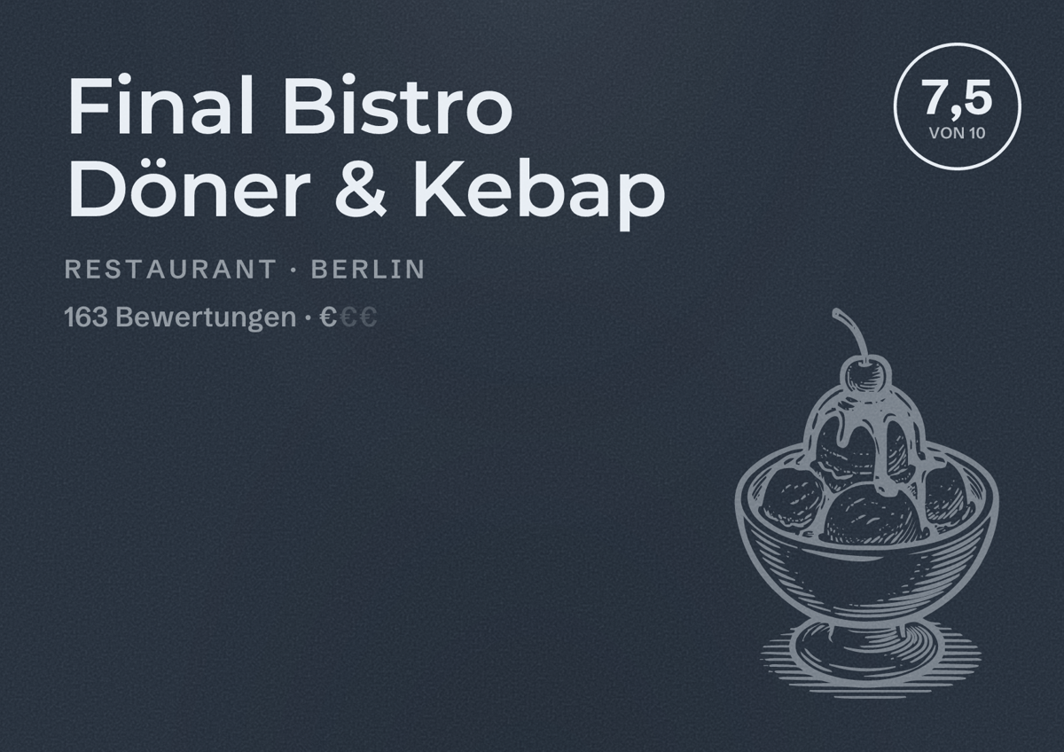 Illustriertes Poster von Final Bistro Döner & Kebap, Restaurant in Berlin: Bewertung 7,5 von 10 aus 163 Bewertungen, Preisniveau €