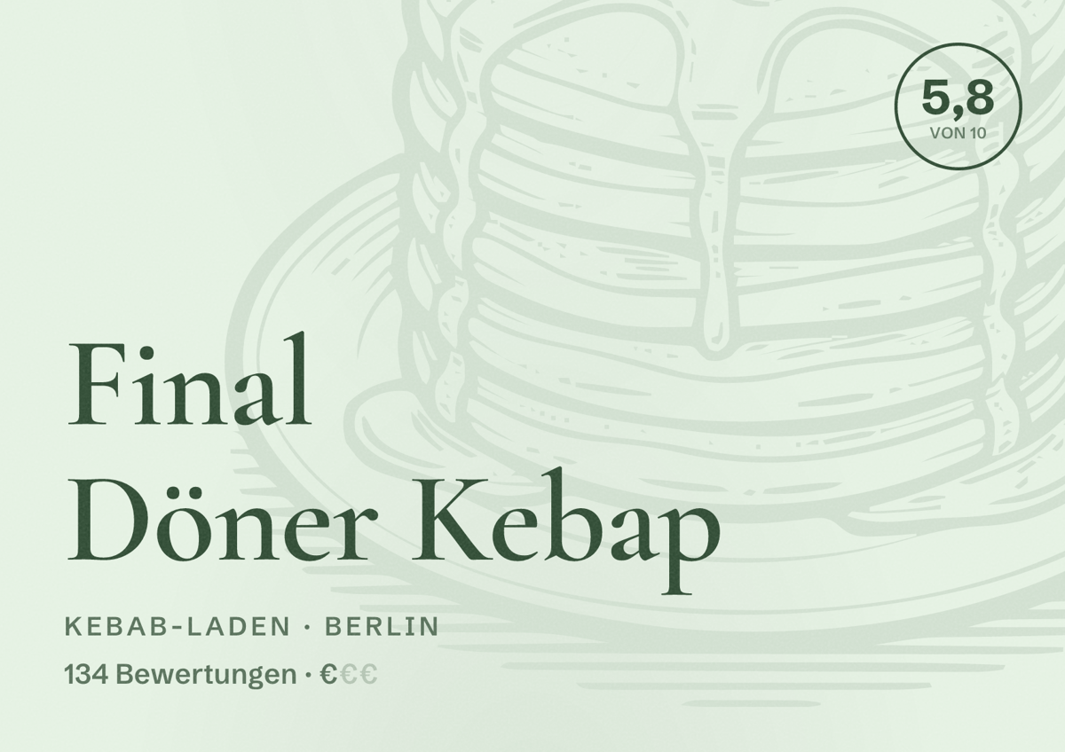 Illustriertes Poster von Final Döner Kebap, Kebab-Laden in Berlin: Bewertung 5,8 von 10 aus 134 Bewertungen, Preisniveau €