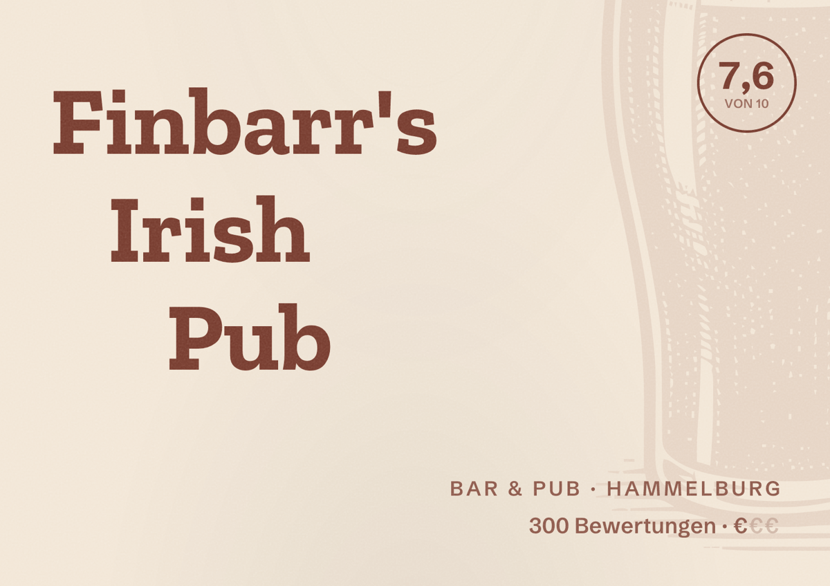 Illustriertes Poster von Finbarr's Irish Pub, Bar & Pub in Hammelburg: Bewertung 7,6 von 10 aus 300 Bewertungen, Preisniveau €