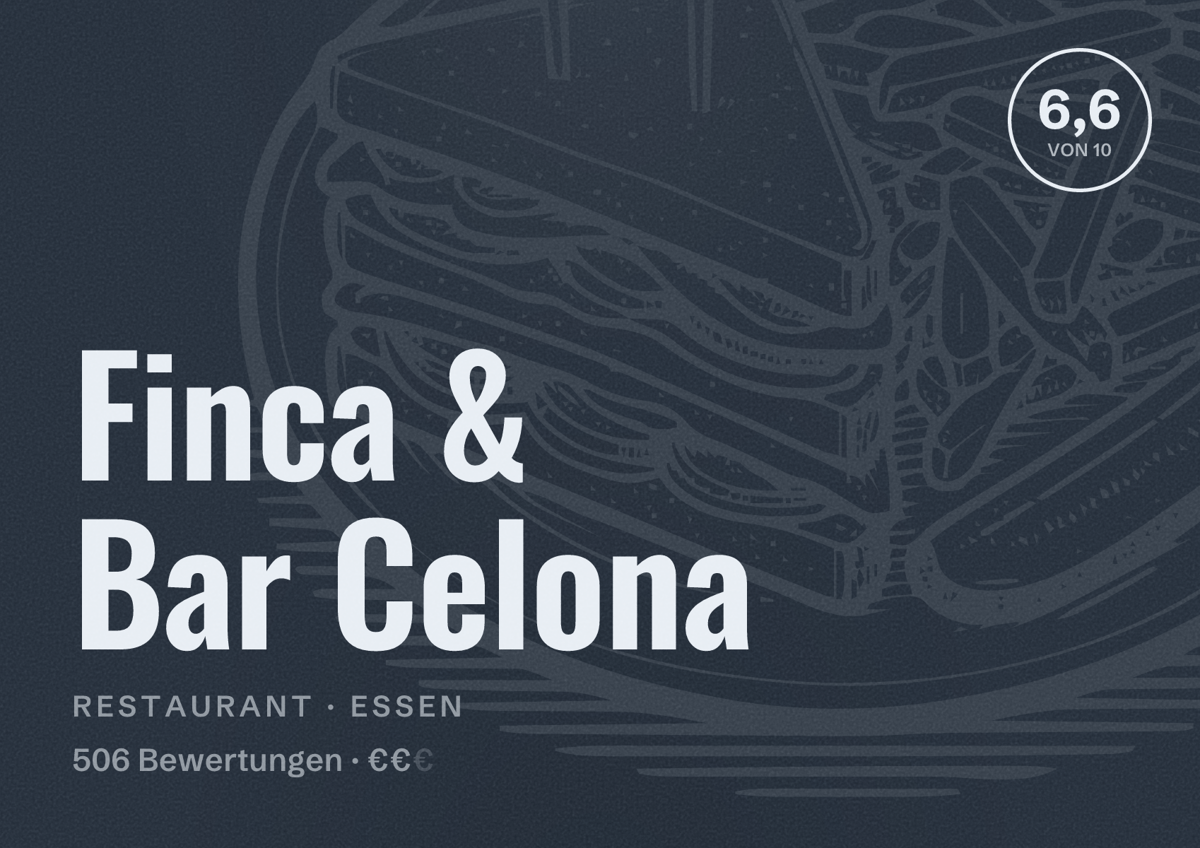 Illustriertes Poster von Finca & Bar Celona, Restaurant in Essen: Bewertung 6,6 von 10 aus 506 Bewertungen, Preisniveau €€