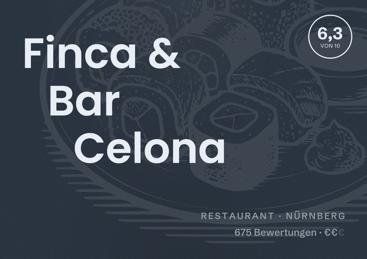 Illustriertes Poster von Finca & Bar Celona, Restaurant in Nürnberg: Bewertung 6,3 von 10 aus 675 Bewertungen, Preisniveau €€