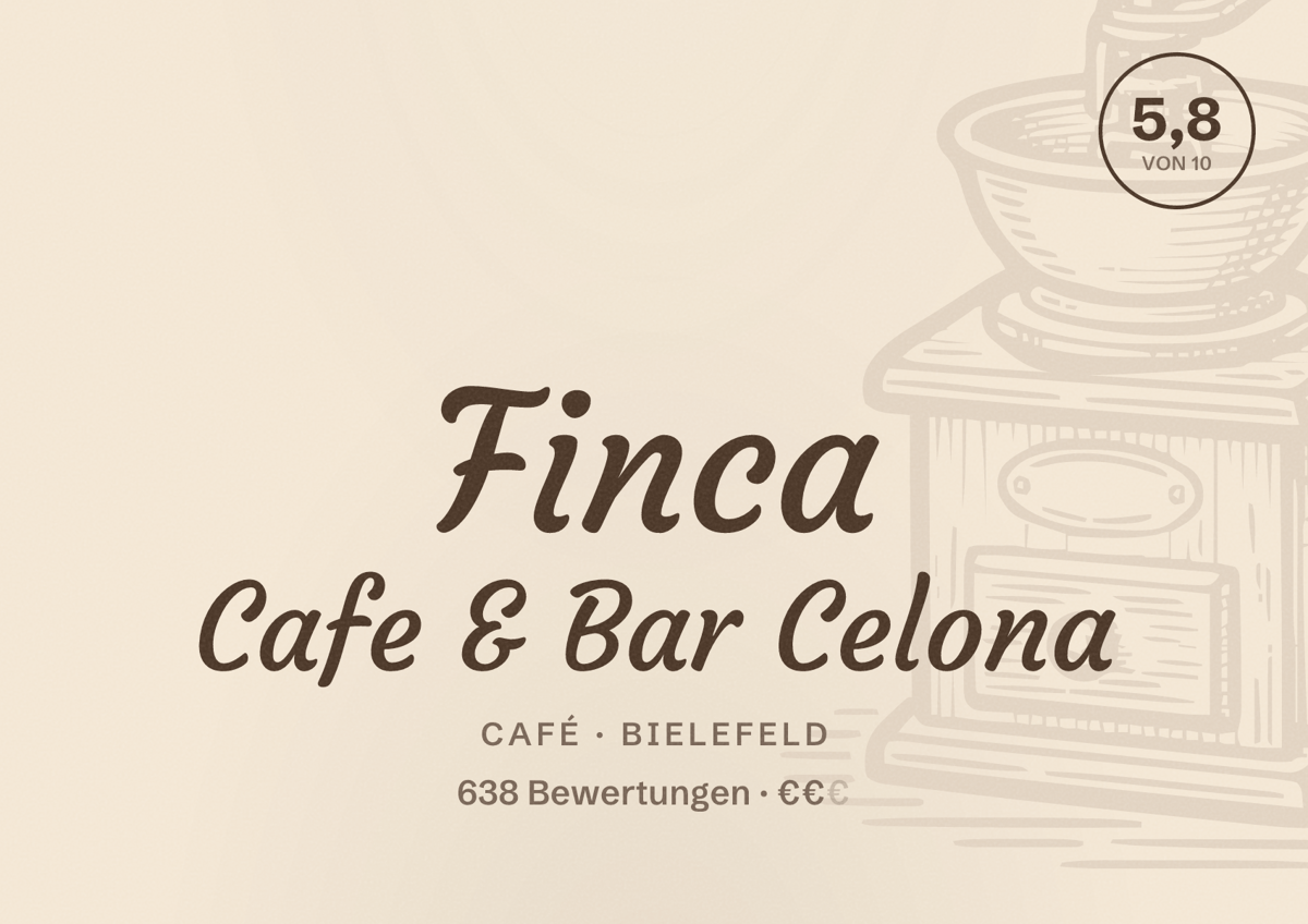 Illustriertes Poster von Finca Cafe & Bar Celona, Café in Bielefeld: Bewertung 5,8 von 10 aus 638 Bewertungen, Preisniveau €€