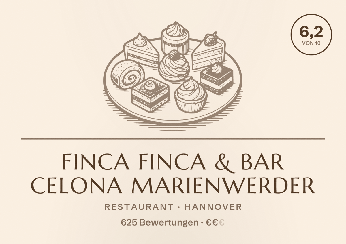 Illustriertes Poster von Finca Finca & Bar Celona Marienwerder, Restaurant in Hannover: Bewertung 6,2 von 10 aus 625 Bewertungen, Preisniveau €€