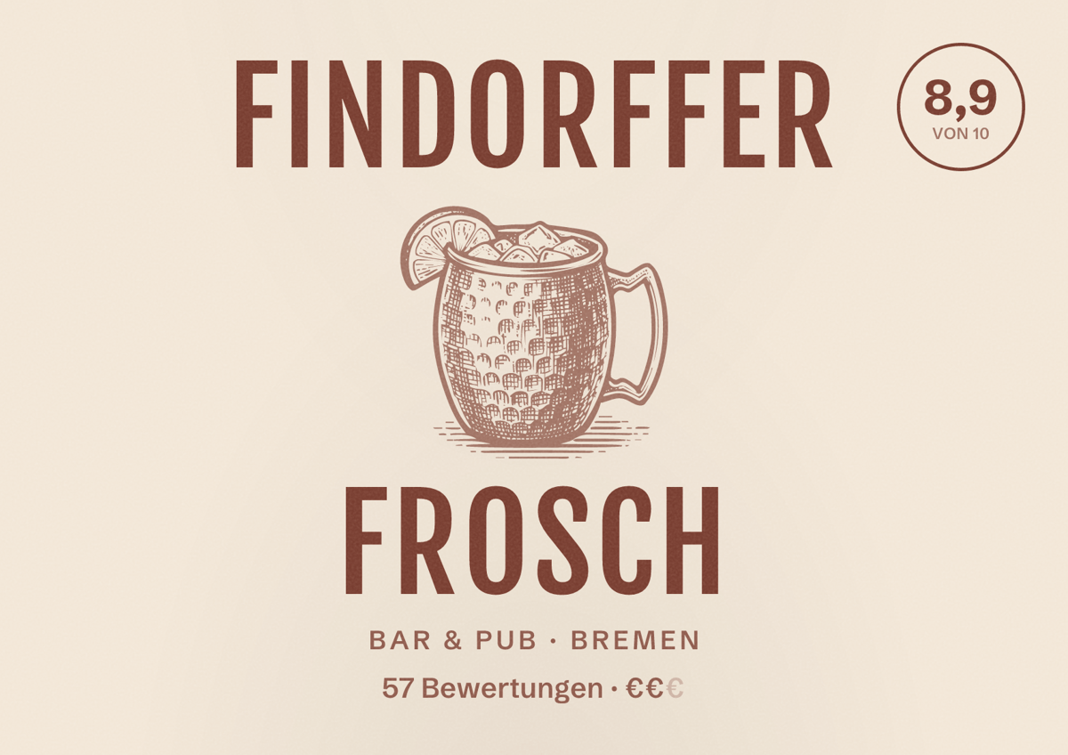 Illustriertes Poster von Findorffer Frosch, Bar & Pub in Bremen: Bewertung 8,9 von 10 aus 57 Bewertungen, Preisniveau €€
