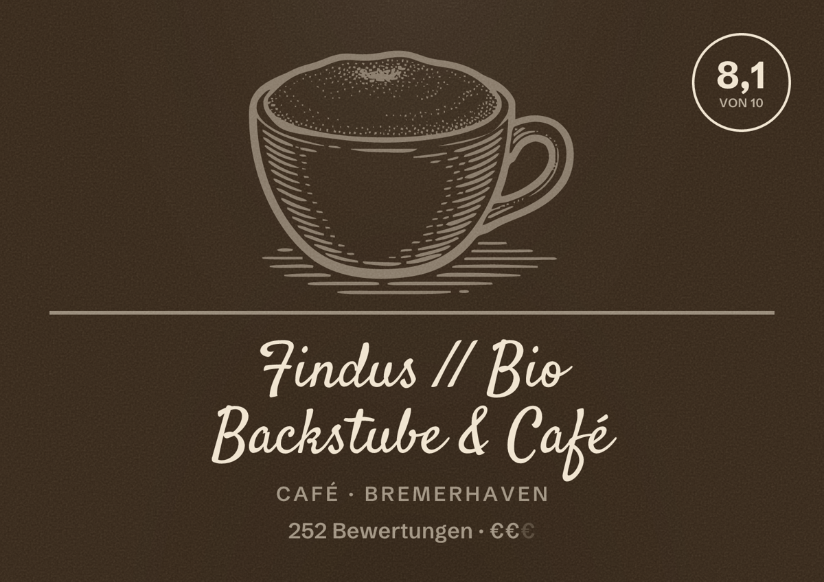 Illustriertes Poster von Findus // Bio Backstube & Café, Café in Bremerhaven: Bewertung 8,1 von 10 aus 252 Bewertungen, Preisniveau €€