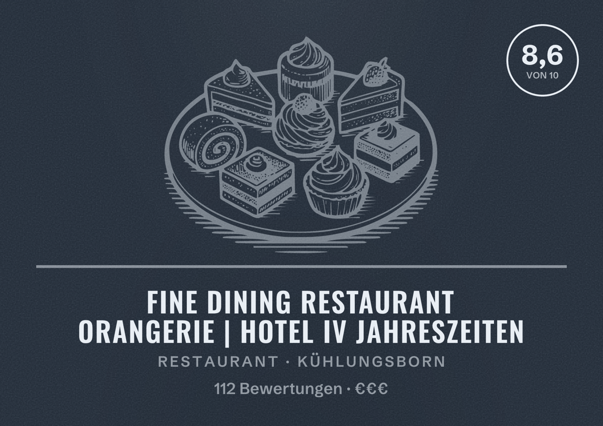Illustriertes Poster von Fine Dining Restaurant Orangerie | Hotel IV Jahreszeiten, Restaurant in Kühlungsborn: Bewertung 8,6 von 10 aus 112 Bewertungen, Preisniveau €€€