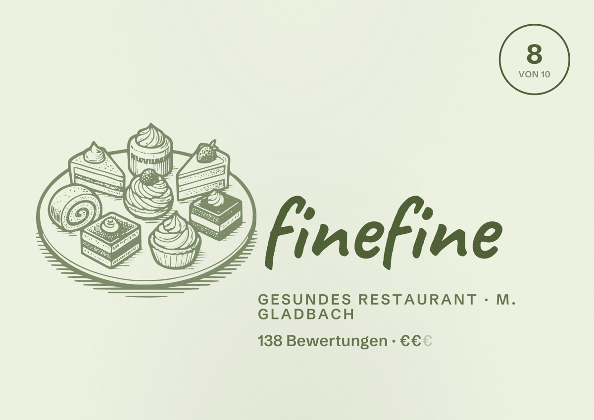 Illustriertes Poster von finefine, Gesundes Restaurant in M. Gladbach: Bewertung 8 von 10 aus 138 Bewertungen, Preisniveau €€