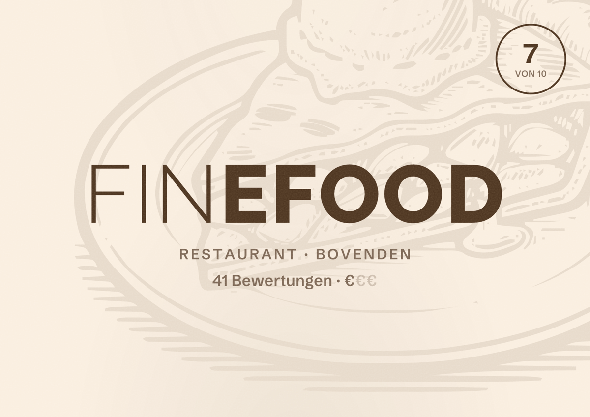 Illustriertes Poster von Finefood, Restaurant in Bovenden: Bewertung 7 von 10 aus 41 Bewertungen, Preisniveau €