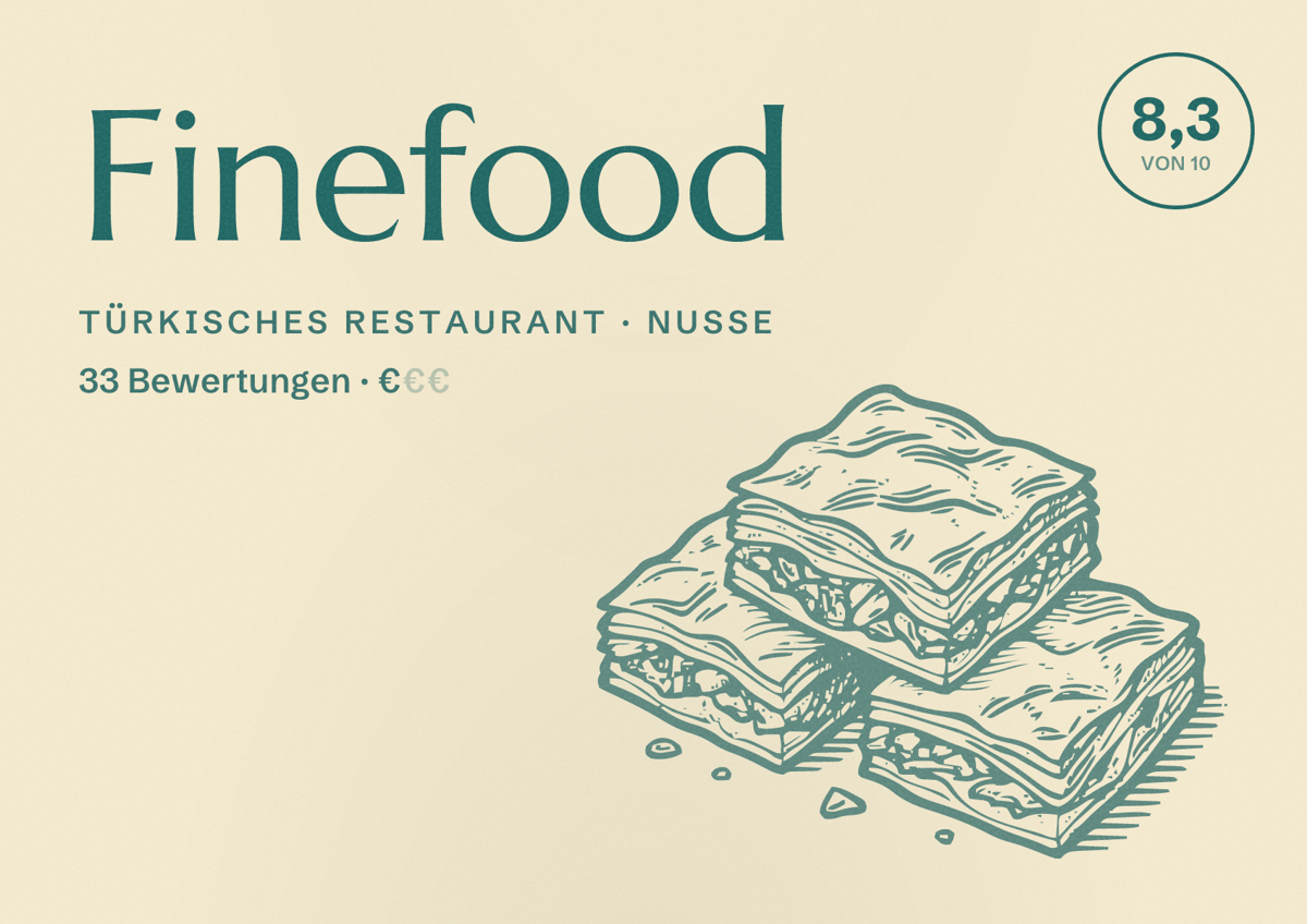 Illustriertes Poster von Finefood, Türkisches Restaurant in Nusse: Bewertung 8,3 von 10 aus 33 Bewertungen, Preisniveau €