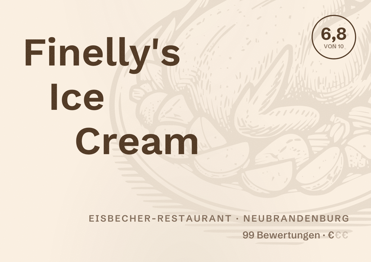 Illustriertes Poster von Finelly's Ice Cream, Eisbecher-Restaurant in Neubrandenburg: Bewertung 6,8 von 10 aus 99 Bewertungen, Preisniveau €