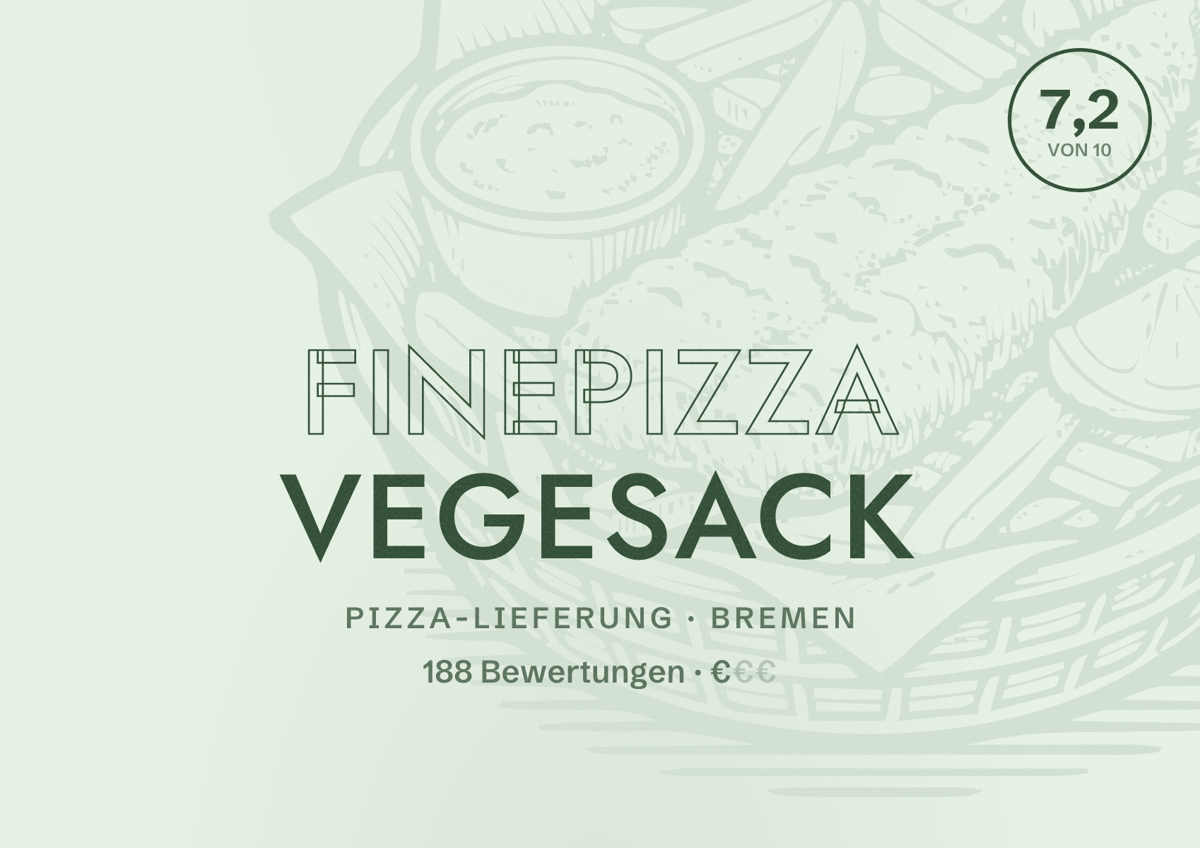 Illustriertes Poster von Finepizza Vegesack, Pizza-Lieferung in Bremen: Bewertung 7,2 von 10 aus 188 Bewertungen, Preisniveau €