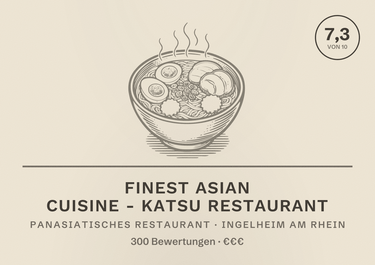 Illustriertes Poster von Finest Asian Cuisine - Katsu Restaurant, Panasiatisches Restaurant in Ingelheim am Rhein: Bewertung 7,3 von 10 aus 300 Bewertungen, Preisniveau €€€