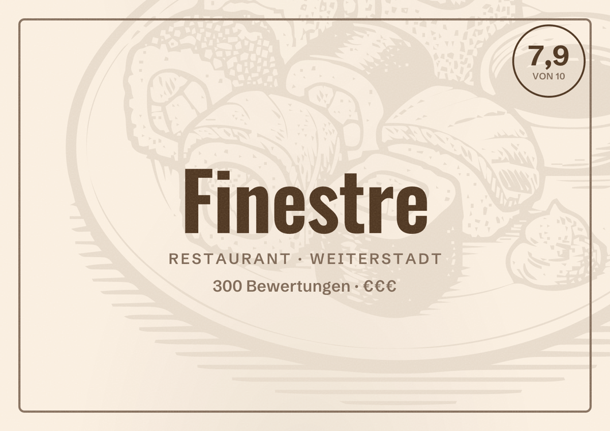 Illustriertes Poster von Finestre, Restaurant in Weiterstadt: Bewertung 7,9 von 10 aus 300 Bewertungen, Preisniveau €€€