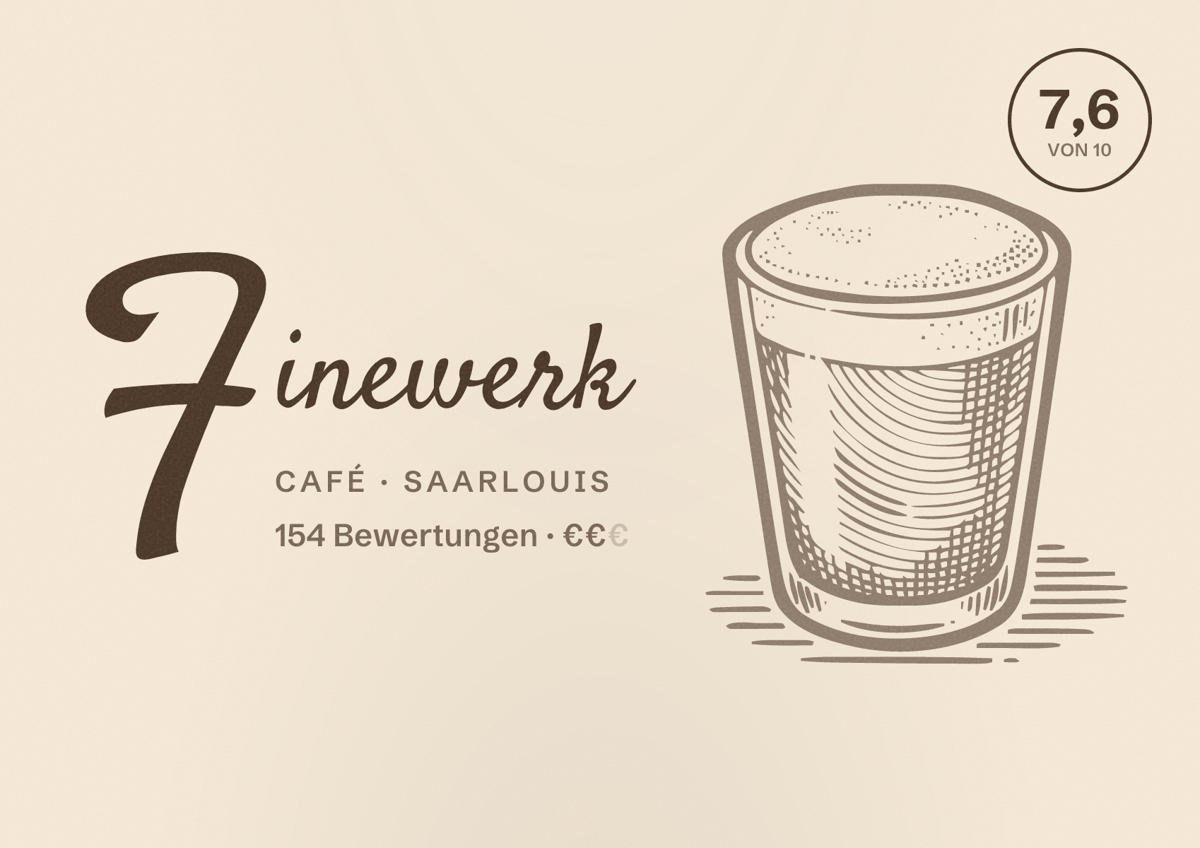 Illustriertes Poster von Finewerk, Café in Saarlouis: Bewertung 7,6 von 10 aus 154 Bewertungen, Preisniveau €€