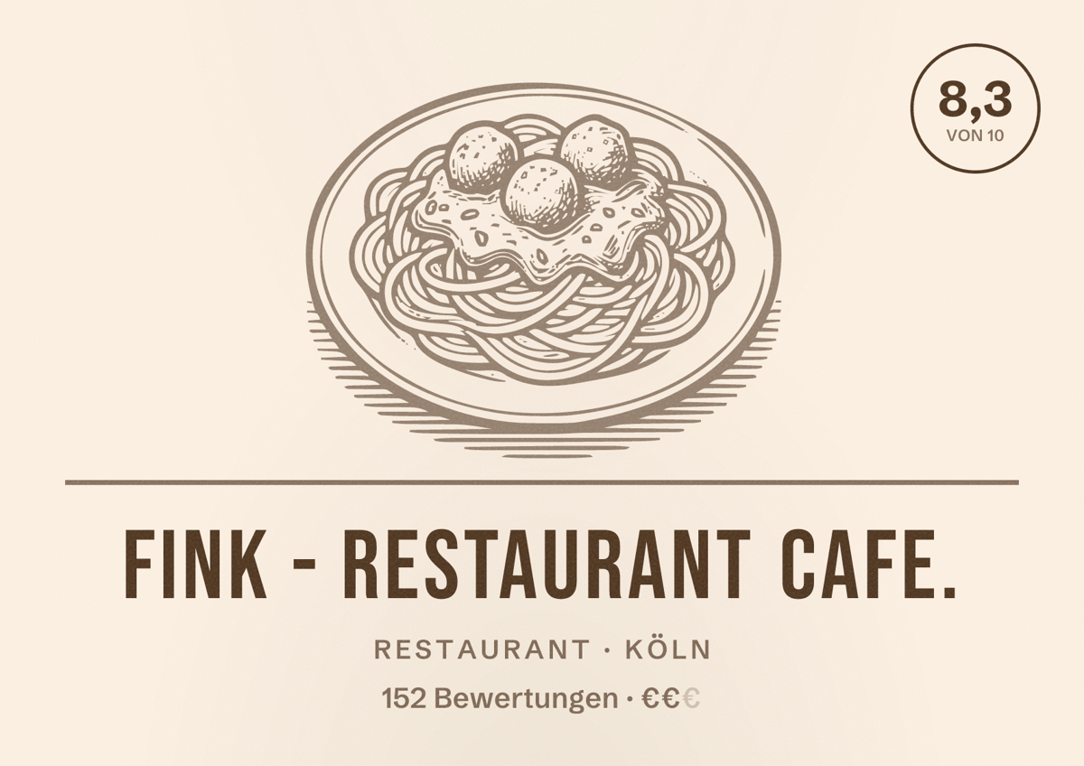 Illustriertes Poster von Fink - restaurant cafe., Restaurant in Köln: Bewertung 8,3 von 10 aus 152 Bewertungen, Preisniveau €€