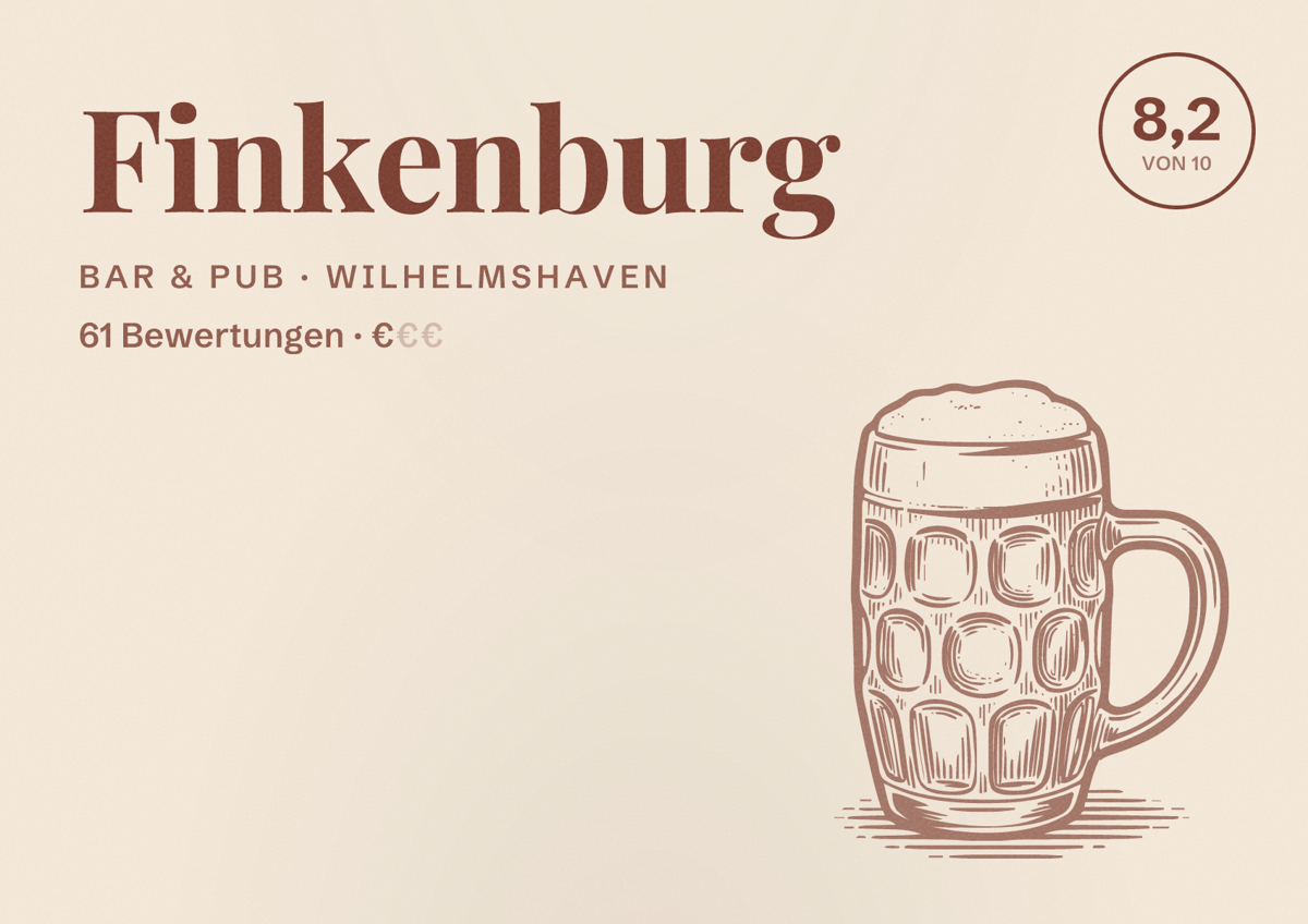 Illustriertes Poster von Finkenburg, Bar & Pub in Wilhelmshaven: Bewertung 8,2 von 10 aus 61 Bewertungen, Preisniveau €