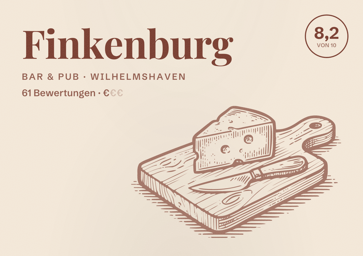 Illustriertes Poster von Finkenburg, Bar & Pub in Wilhelmshaven: Bewertung 8,2 von 10 aus 61 Bewertungen, Preisniveau €