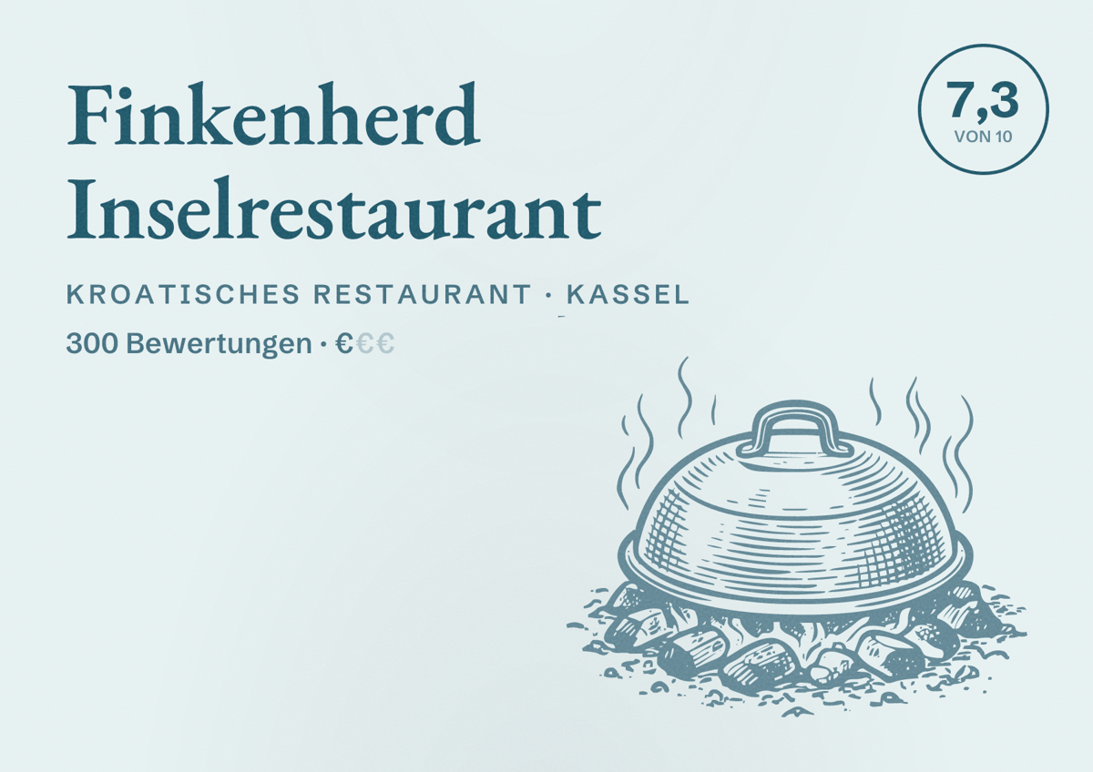 Illustriertes Poster von Finkenherd Inselrestaurant, Kroatisches Restaurant in Kassel: Bewertung 7,3 von 10 aus 300 Bewertungen, Preisniveau €