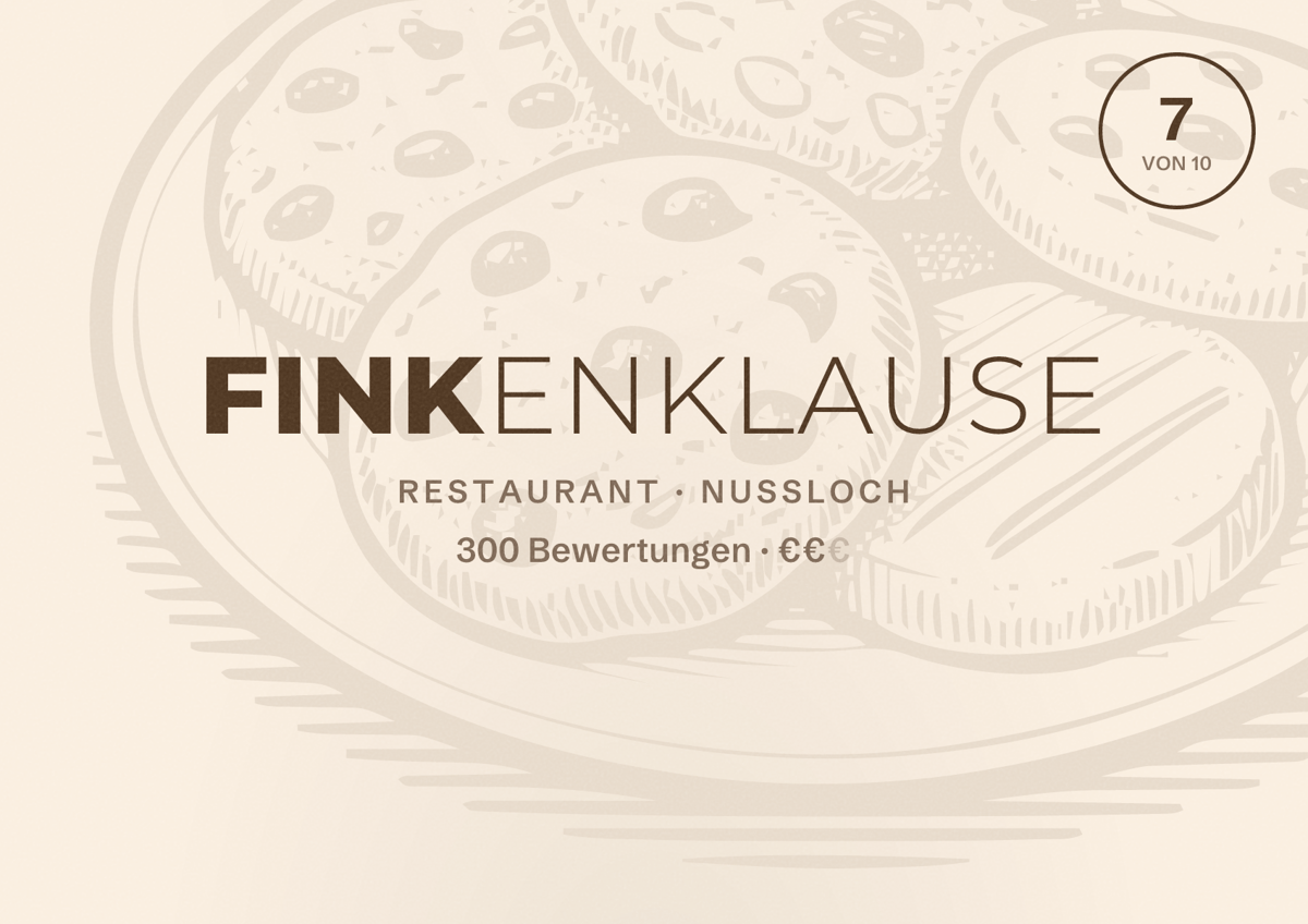 Illustriertes Poster von Finkenklause, Restaurant in Nußloch: Bewertung 7 von 10 aus 300 Bewertungen, Preisniveau €€