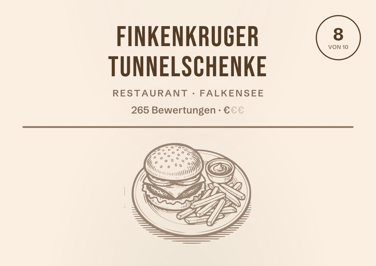 Illustriertes Poster von Finkenkruger Tunnelschenke, Restaurant in Falkensee: Bewertung 8 von 10 aus 265 Bewertungen, Preisniveau €