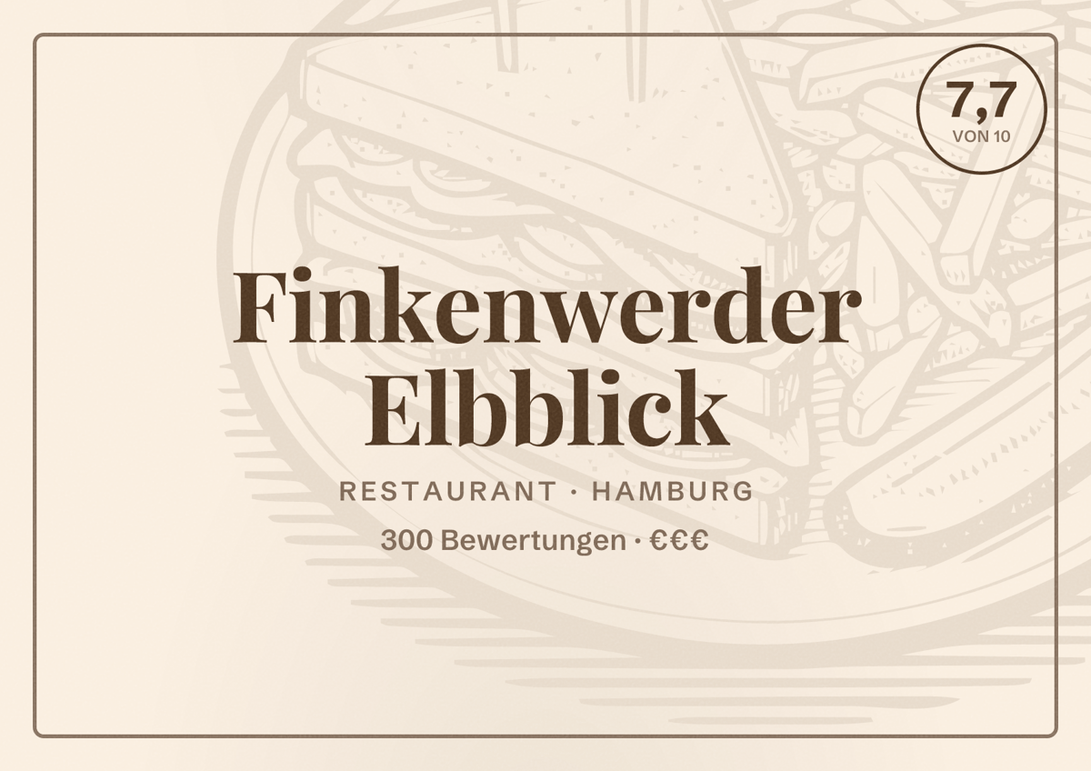 Illustriertes Poster von Finkenwerder Elbblick, Restaurant in Hamburg: Bewertung 7,7 von 10 aus 300 Bewertungen, Preisniveau €€€