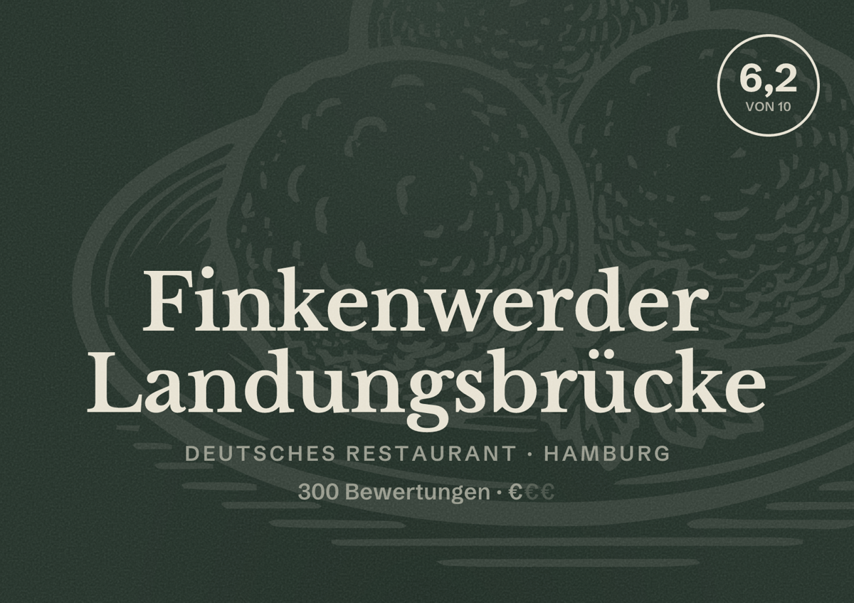Illustriertes Poster von Finkenwerder Landungsbrücke, Deutsches Restaurant in Hamburg: Bewertung 6,2 von 10 aus 300 Bewertungen, Preisniveau €