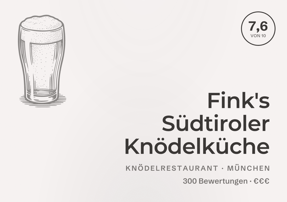 Illustriertes Poster von Fink's Südtiroler Knödelküche, Knödelrestaurant in München: Bewertung 7,6 von 10 aus 300 Bewertungen, Preisniveau €€€