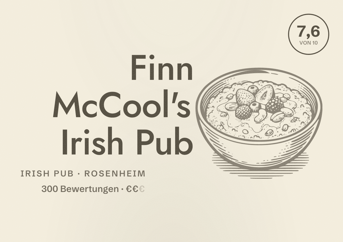 Illustriertes Poster von Finn McCool's Irish Pub, Irish Pub in Rosenheim: Bewertung 7,6 von 10 aus 300 Bewertungen, Preisniveau €€