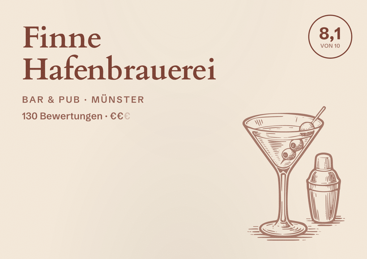 Illustriertes Poster von Finne Hafenbrauerei, Bar & Pub in Münster: Bewertung 8,1 von 10 aus 130 Bewertungen, Preisniveau €€