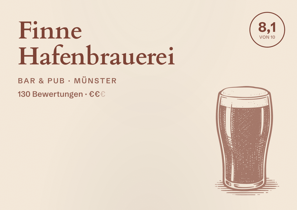 Illustriertes Poster von Finne Hafenbrauerei, Bar & Pub in Münster: Bewertung 8,1 von 10 aus 130 Bewertungen, Preisniveau €€