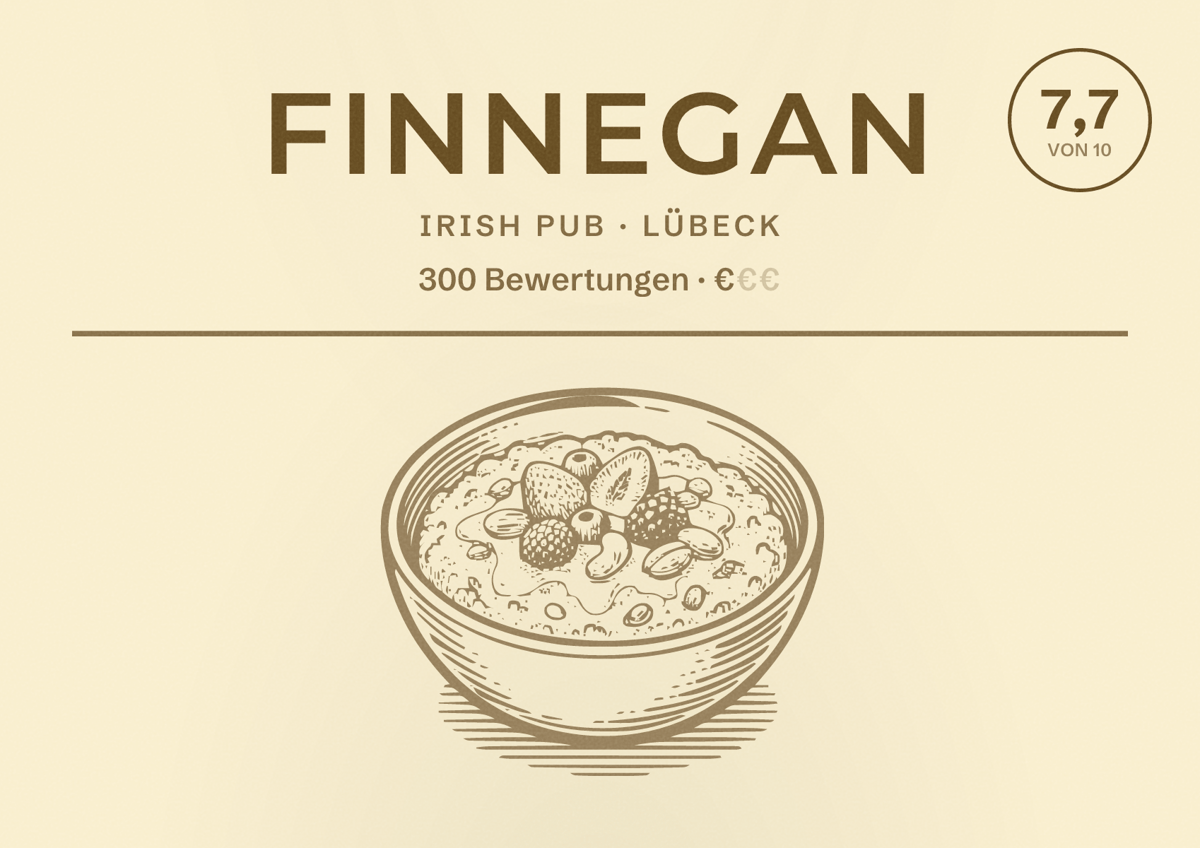 Illustriertes Poster von Finnegan, Irish Pub in Lübeck: Bewertung 7,7 von 10 aus 300 Bewertungen, Preisniveau €