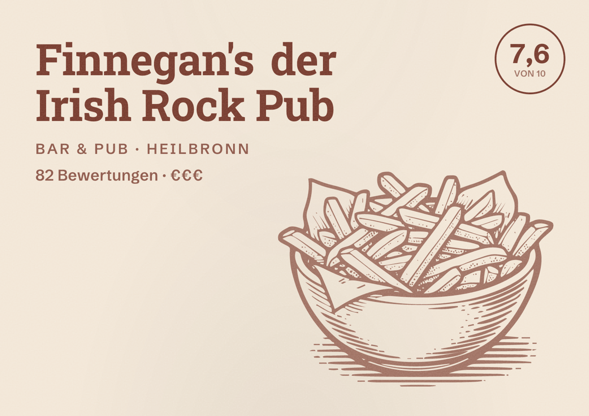 Illustriertes Poster von Finnegan's der Irish Rock Pub, Bar & Pub in Heilbronn: Bewertung 7,6 von 10 aus 82 Bewertungen, Preisniveau €€€