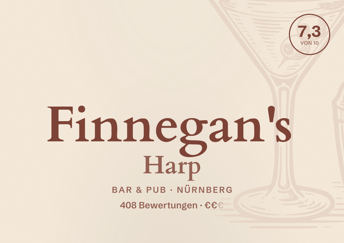 Illustriertes Poster von Finnegan's Harp, Bar & Pub in Nürnberg: Bewertung 7,3 von 10 aus 408 Bewertungen, Preisniveau €€
