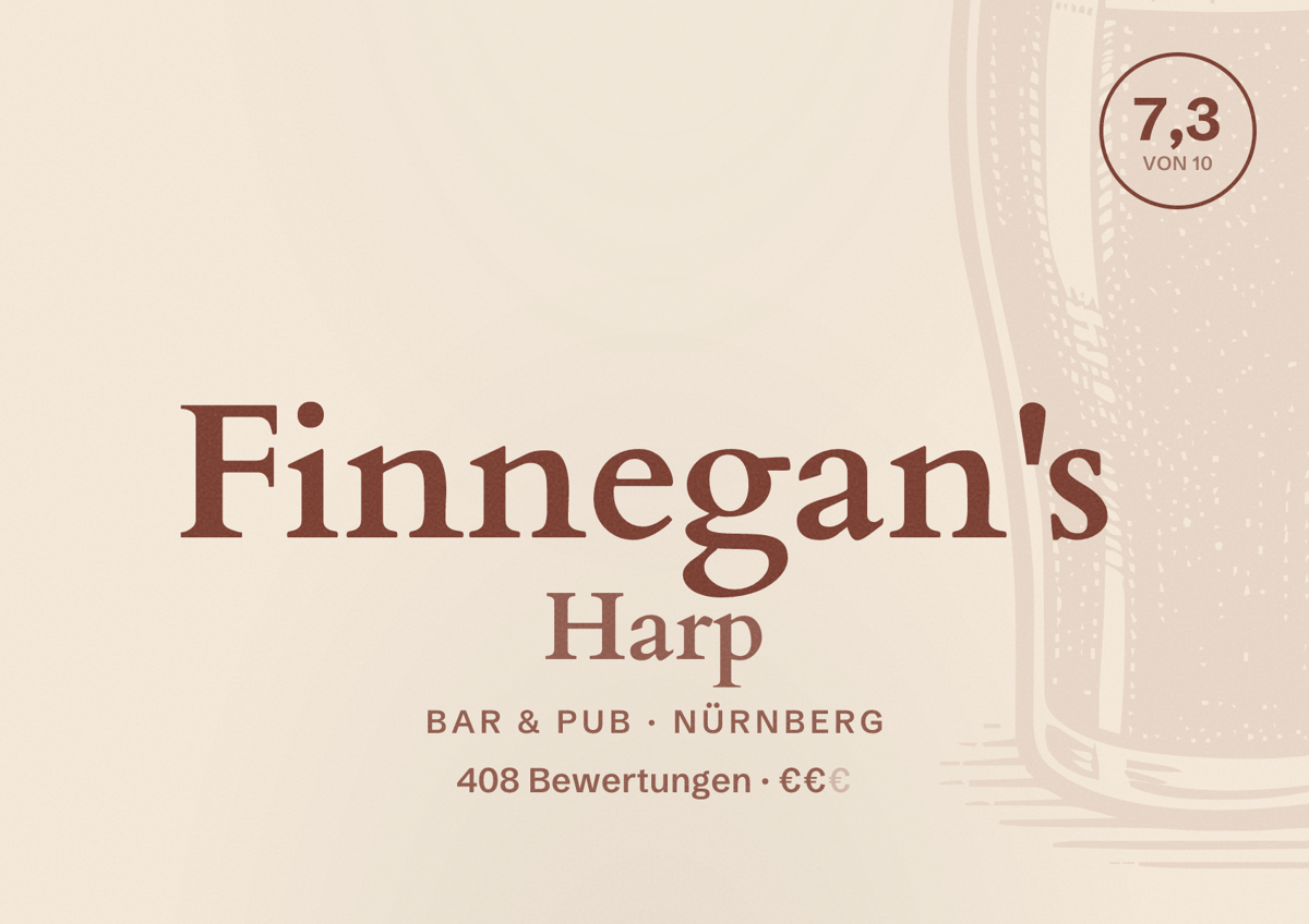 Illustriertes Poster von Finnegan's Harp, Bar & Pub in Nürnberg: Bewertung 7,3 von 10 aus 408 Bewertungen, Preisniveau €€