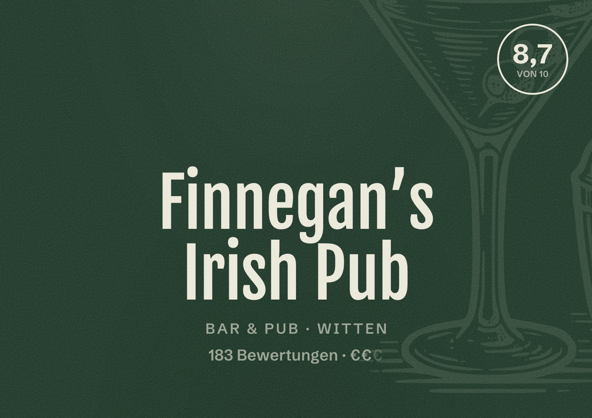 Illustriertes Poster von Finnegan’s Irish Pub, Bar & Pub in Witten: Bewertung 8,7 von 10 aus 183 Bewertungen, Preisniveau €€