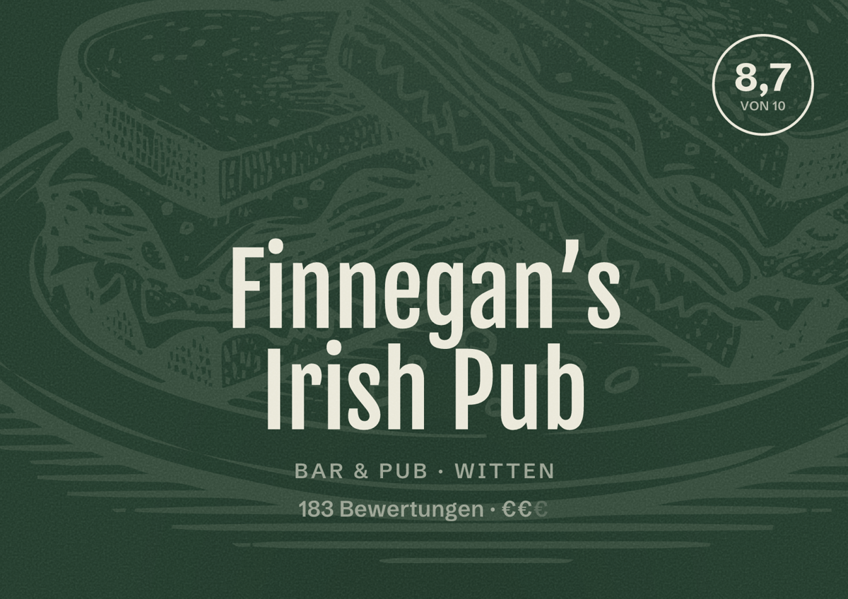 Illustriertes Poster von Finnegan’s Irish Pub, Bar & Pub in Witten: Bewertung 8,7 von 10 aus 183 Bewertungen, Preisniveau €€