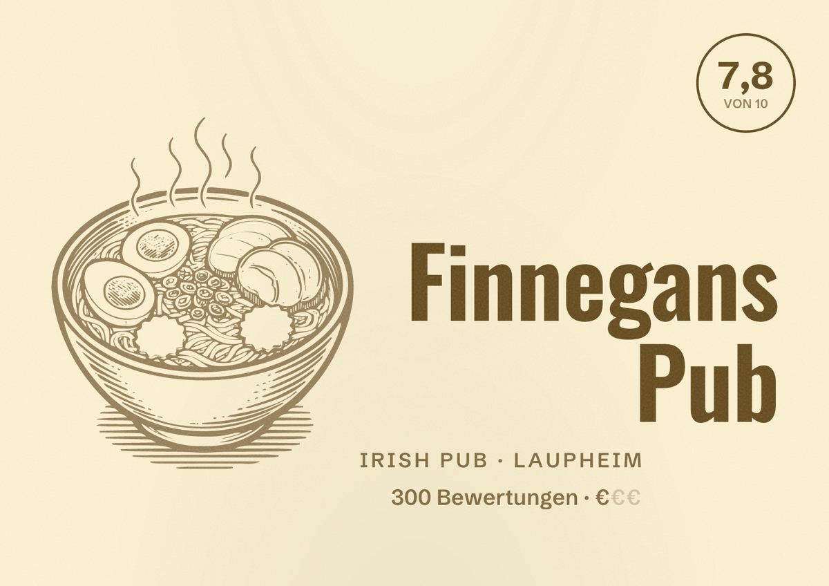 Illustriertes Poster von Finnegans Pub, Irish Pub in Laupheim: Bewertung 7,8 von 10 aus 300 Bewertungen, Preisniveau €