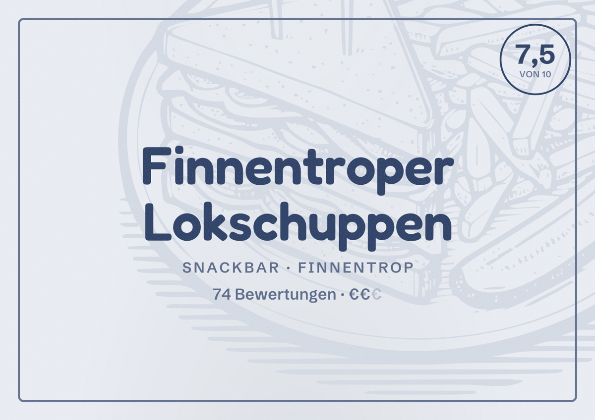 Illustriertes Poster von Finnentroper Lokschuppen, Snackbar in Finnentrop: Bewertung 7,5 von 10 aus 74 Bewertungen, Preisniveau €€