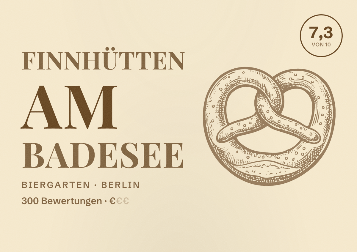 Illustriertes Poster von Finnhütten am Badesee, Biergarten in Berlin: Bewertung 7,3 von 10 aus 300 Bewertungen, Preisniveau €