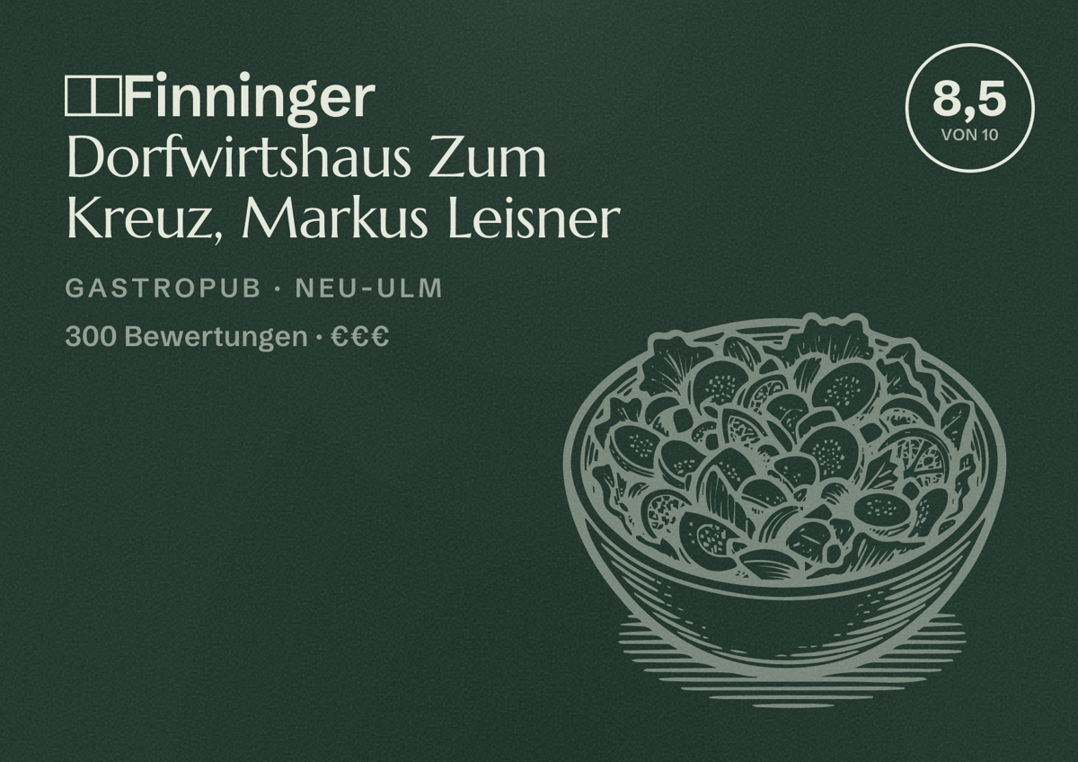Illustriertes Poster von 🍺🍴Finninger Dorfwirtshaus Zum Kreuz, Markus Leisner, Gastropub in Neu-Ulm: Bewertung 8,5 von 10 aus 300 Bewertungen, Preisniveau €€€