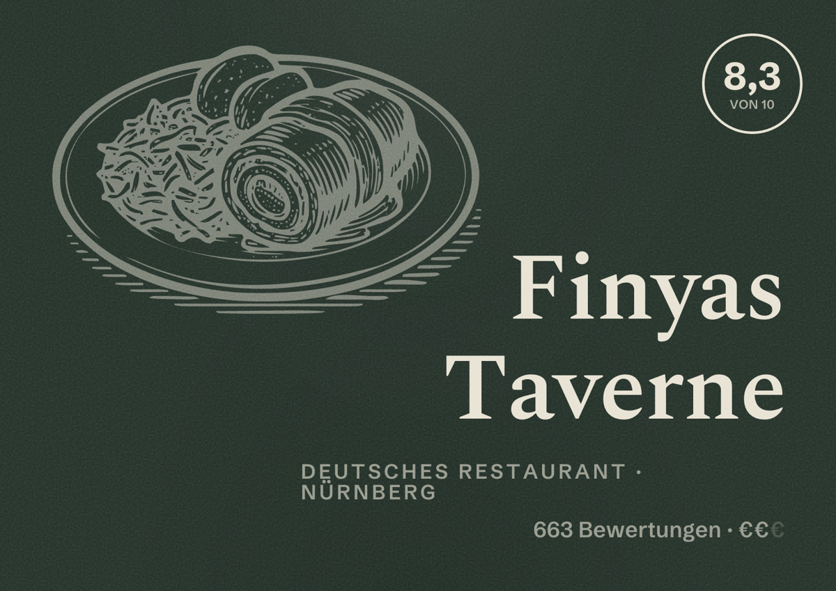 Illustriertes Poster von Finyas Taverne, Deutsches Restaurant in Nürnberg: Bewertung 8,3 von 10 aus 663 Bewertungen, Preisniveau €€