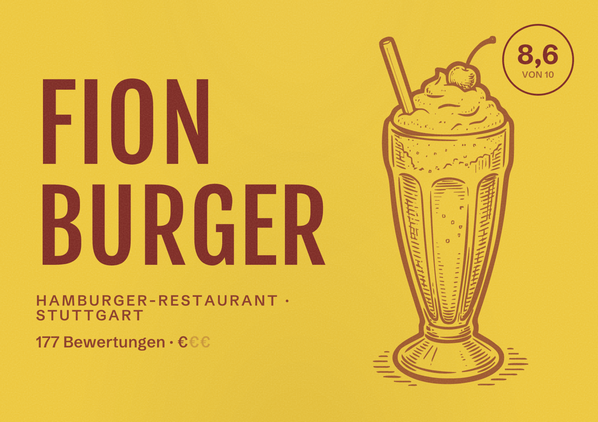 Illustriertes Poster von fiON Burger, Hamburger-Restaurant in Stuttgart: Bewertung 8,6 von 10 aus 177 Bewertungen, Preisniveau €