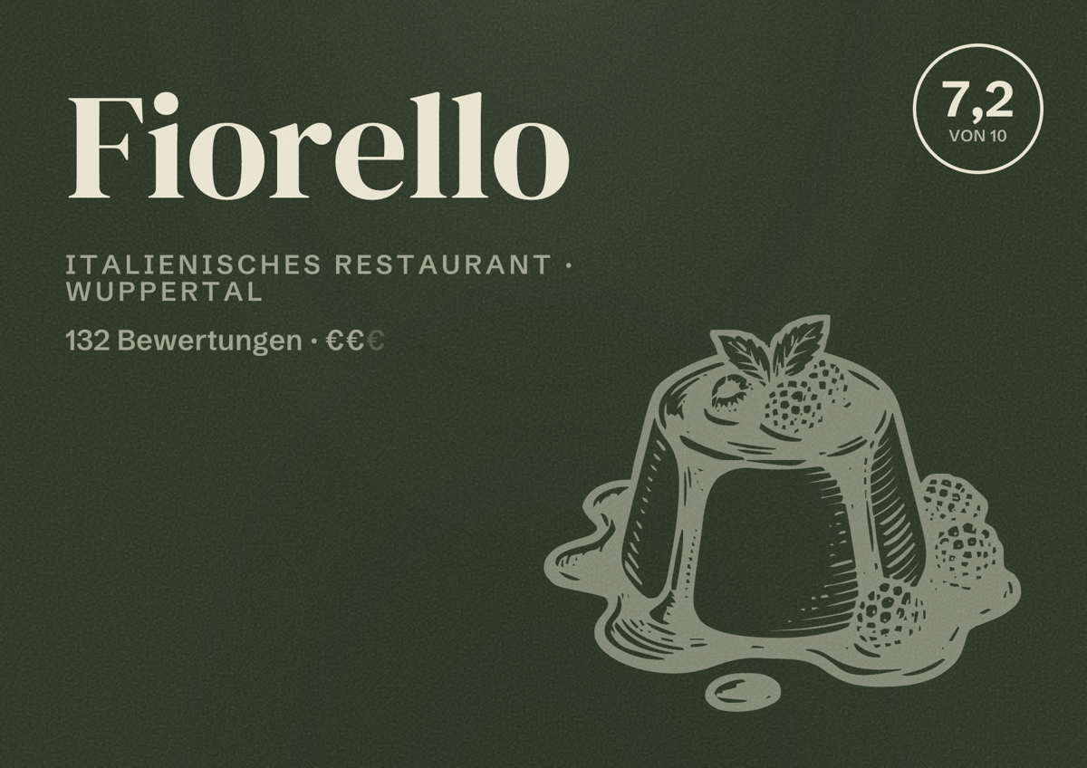 Illustriertes Poster von Fiorello, Italienisches Restaurant in Wuppertal: Bewertung 7,2 von 10 aus 132 Bewertungen, Preisniveau €€