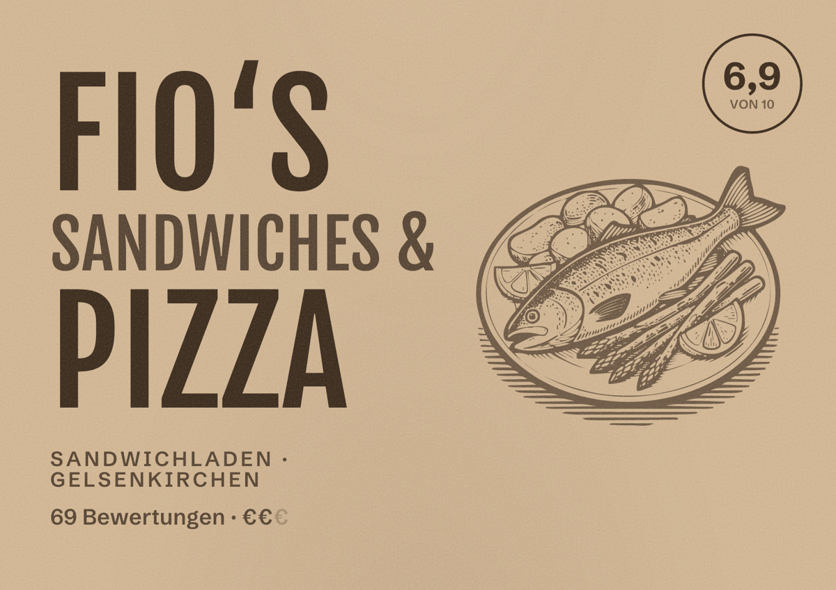 Illustriertes Poster von Fio‘s Sandwiches & Pizza, Sandwichladen in Gelsenkirchen: Bewertung 6,9 von 10 aus 69 Bewertungen, Preisniveau €€