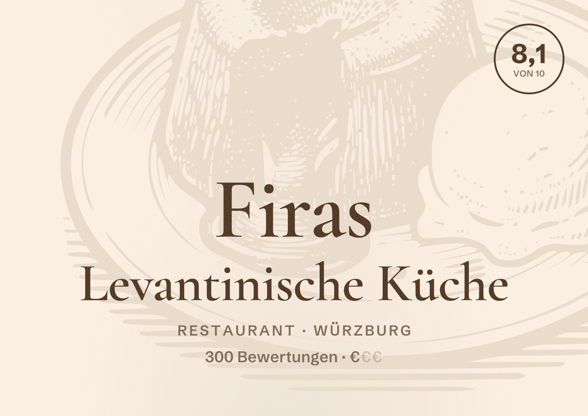Illustriertes Poster von Firas Levantinische Küche, Restaurant in Würzburg: Bewertung 8,1 von 10 aus 300 Bewertungen, Preisniveau €