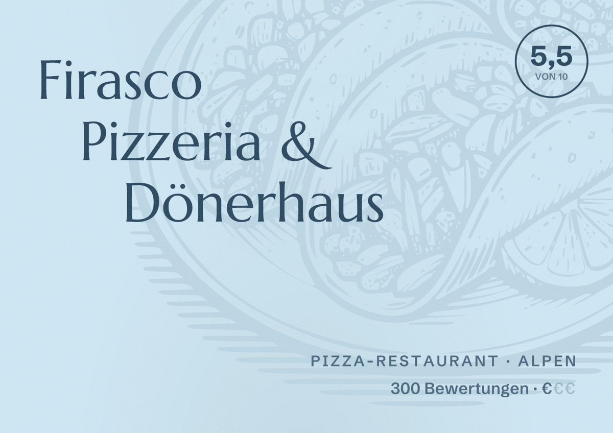 Illustriertes Poster von Firasco Pizzeria & Dönerhaus, Pizza-Restaurant in Alpen: Bewertung 5,5 von 10 aus 300 Bewertungen, Preisniveau €