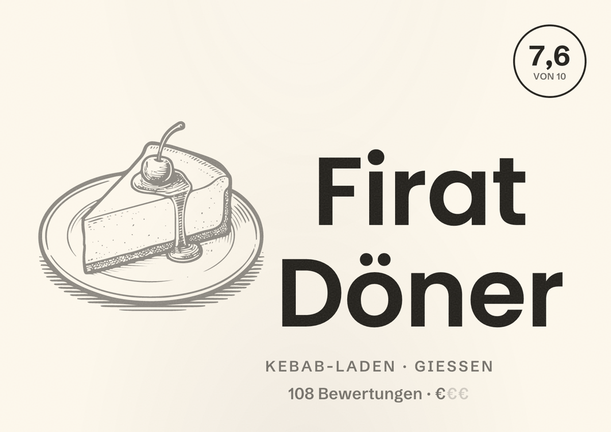 Illustriertes Poster von Firat Döner, Kebab-Laden in Gießen: Bewertung 7,6 von 10 aus 108 Bewertungen, Preisniveau €