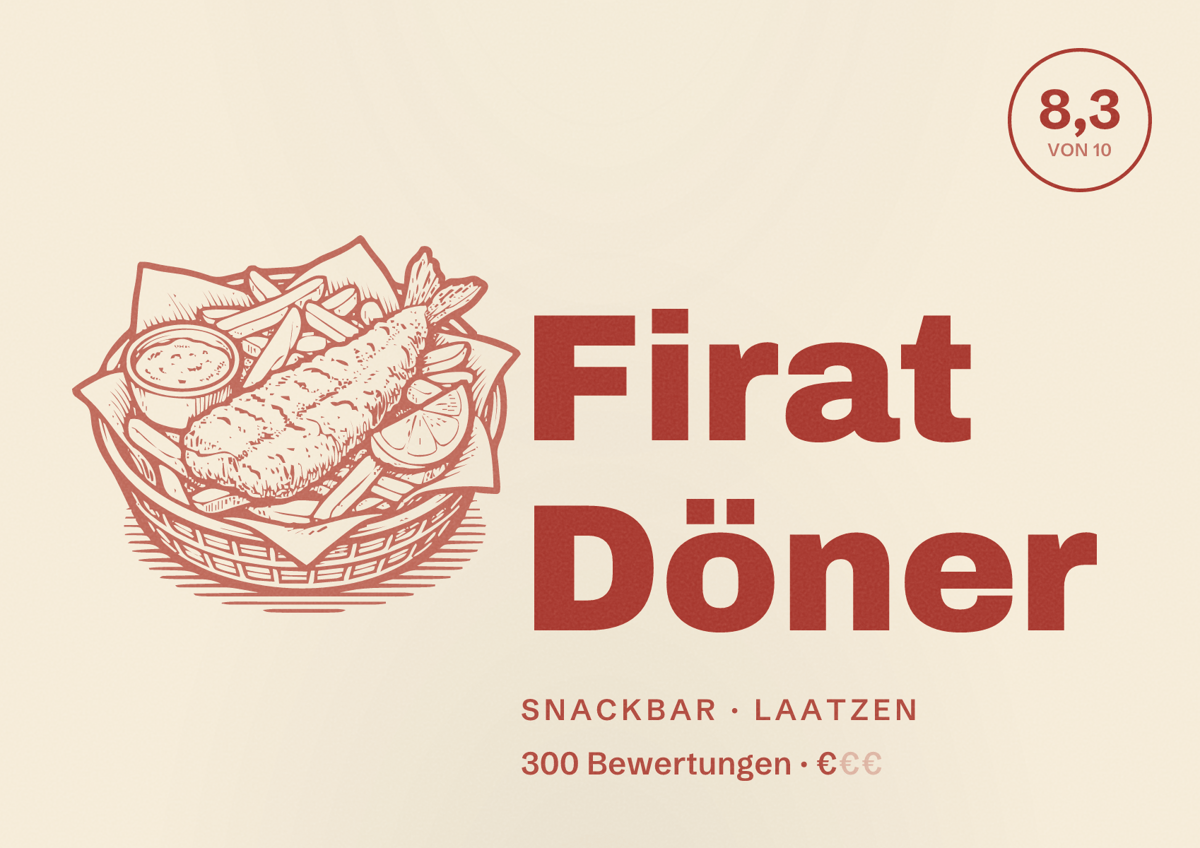 Illustriertes Poster von Firat Döner, Snackbar in Laatzen: Bewertung 8,3 von 10 aus 300 Bewertungen, Preisniveau €