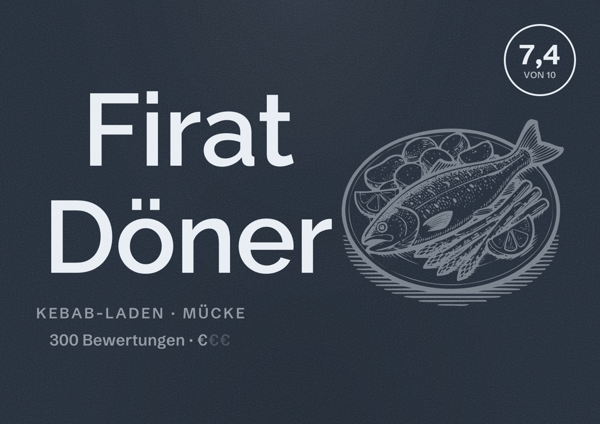 Illustriertes Poster von Firat Döner, Kebab-Laden in Mücke: Bewertung 7,4 von 10 aus 300 Bewertungen, Preisniveau €