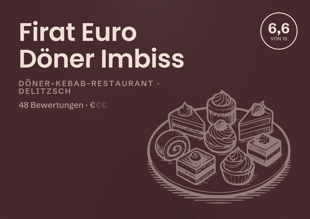 Illustriertes Poster von Firat Euro Döner Imbiss, Döner-Kebab-Restaurant in Delitzsch: Bewertung 6,6 von 10 aus 48 Bewertungen, Preisniveau €